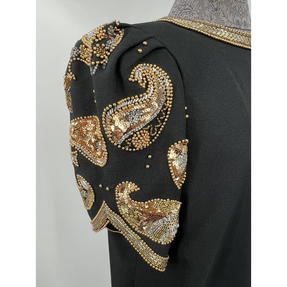 Elegant Black and Gold Embellished Midi Dress